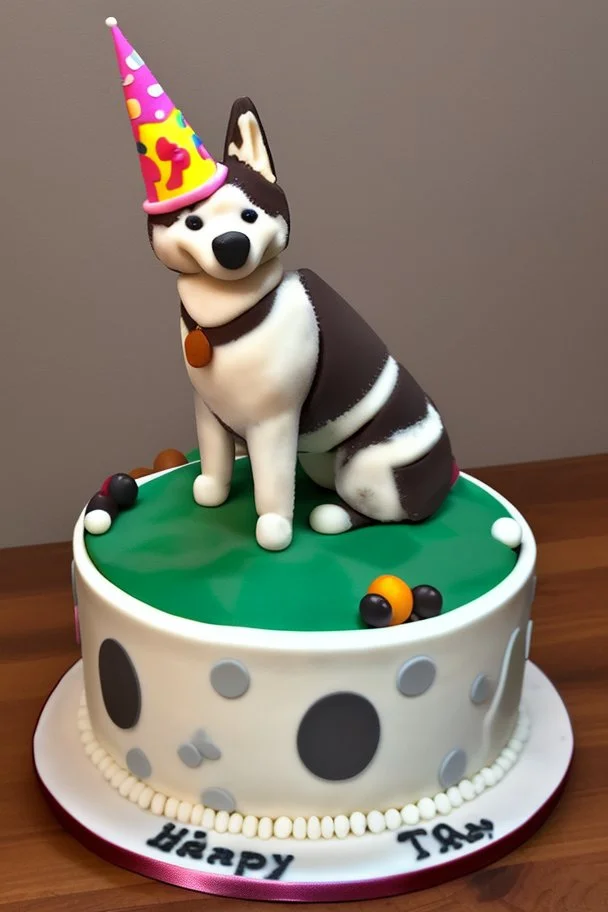 Birthday cake topped with a pool table, apricot tree and a husky dog