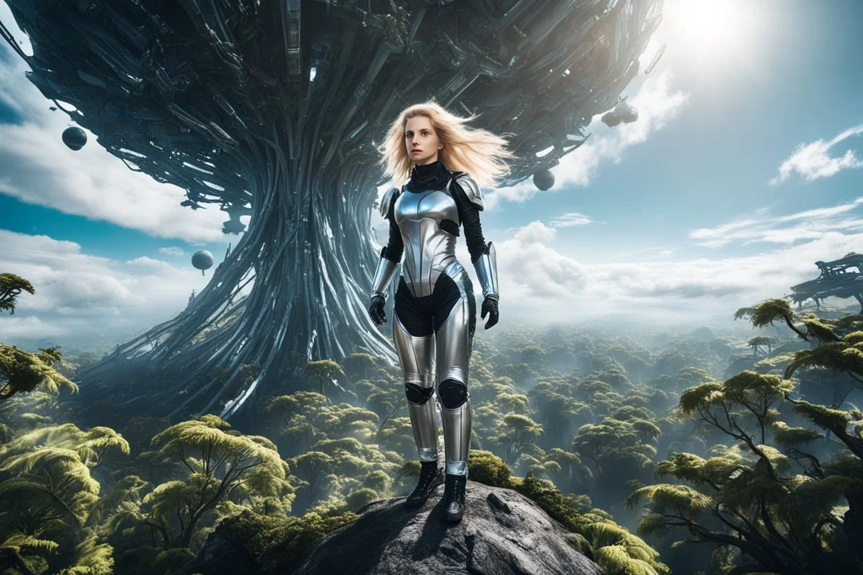 Wide angle photo of a slim sci-fi woman with blond hair, wearing a silver and black futuristic spacesuit looking android-like, standing on an alien cloud tree jungle planet