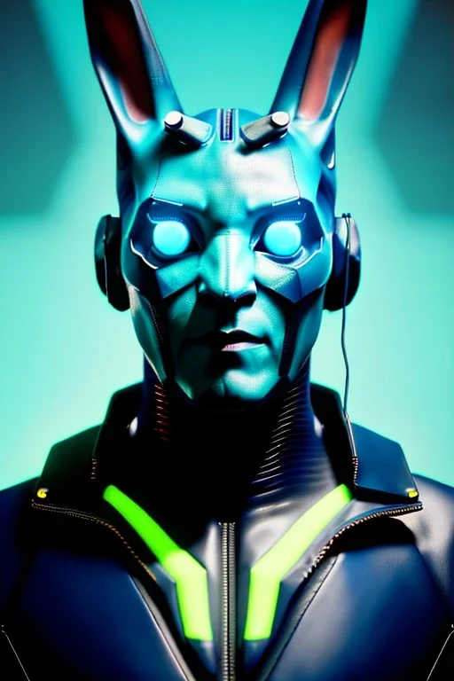 Medium Close Up Portrait, Front image. cyberpunk, rabbit mask, british man, black hair. latex suit. black, yellow, color. Ghost in the shell style. Color background, photo studio. Avatar image, highly detailed, concept art, smooth, unreal engine 5, ray tracing, RTX, lumen lighting, ultra detail, volumetric lighting, 3d, finely drawn, high definition, high resolution.