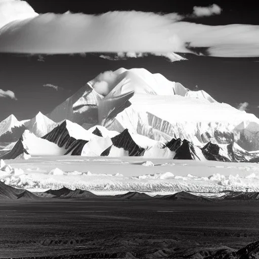 Ansel adams black & white Photo of denali in alaska, hyper realistic, zone system, even tones, rich gradients, dramatic lighting, 4k, volumetric, clouds