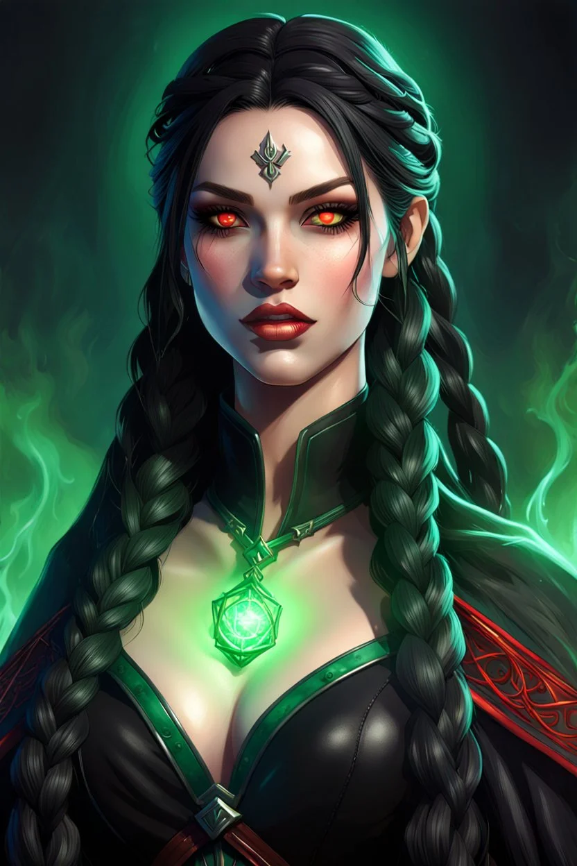 Hexblood warlock female character. Lightly tanned skin. Long straight jet-black hair to the waist. Half-up hairstyle with two loose Dutch braids on each side. Bright glowing pale emerald-red eyes. Delicate face. High cheekbones. Full lips. Soft smile. Slightly pointed ears. Faint dark vine-like markings on neck and collarbone. Black cloak. Realistic dark fantasy. Highly detailed. Cinematic lighting.