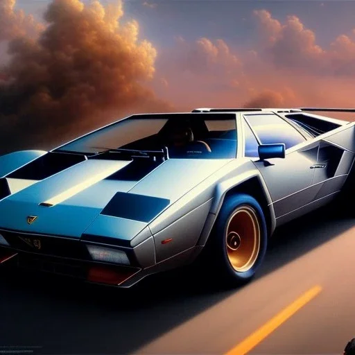 hyperrealism Drawing of 'Lamborghini Countach' three quarter frontal aerial view, by gaston bussiere, greg rutkowski, yoji shinkawa, yoshitaka amano, tsutomu nihei, donato giancola, tim hildebrandt,oil on canvas, cinematic composition,Sharp detail,extreme detail,fit full head inside picture,16k