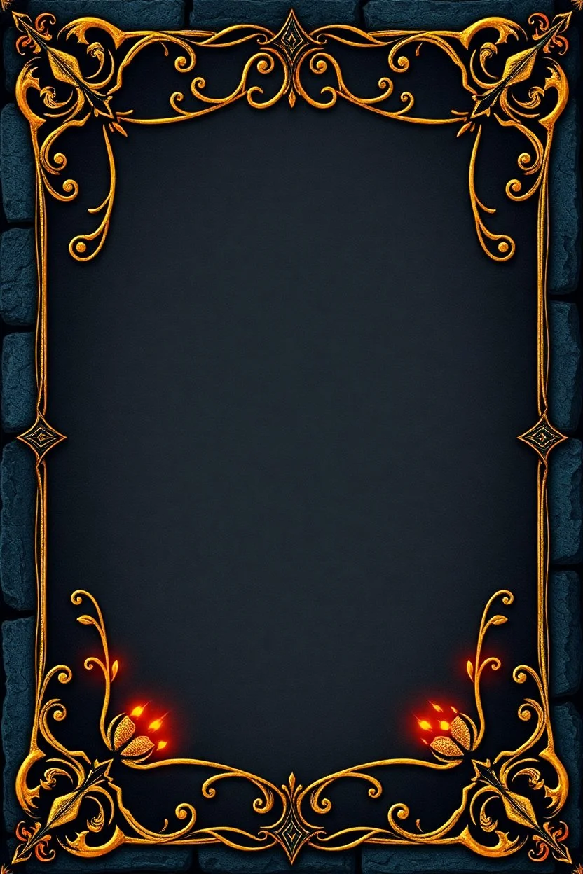 dark "Whimsical, fantasy-themed card border, intricate stone and gold filigree with tiny rat paw prints hidden in the design, playful medieval style, glowing runes, ornate yet readable, decorative corners, vibrant fantasy color palette."