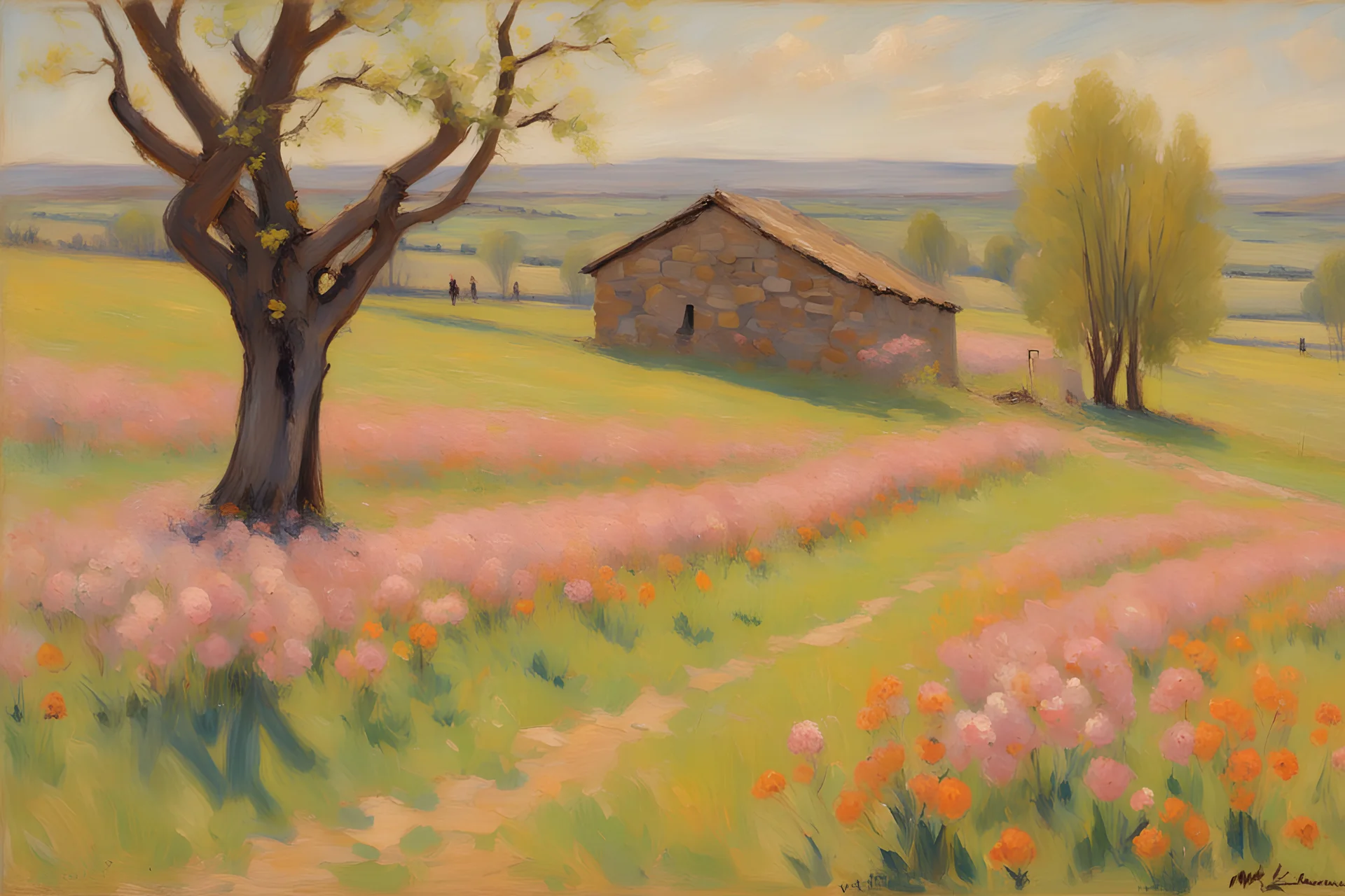 Spring trees, sunny day, mountains, stone wall, flowers, prairie, spring, max liebermann and otto pippel impressionism painting