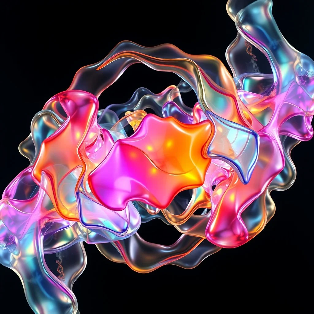A hypnotic loop of colored translucent 3D structures evolving and morphing, fluid geometry shifting between organic and geometric forms, iridescent glass material with internal glow, smooth camera orbit, dark gradient background, seamless motion, cinematic lighting, generative art style, 4k.