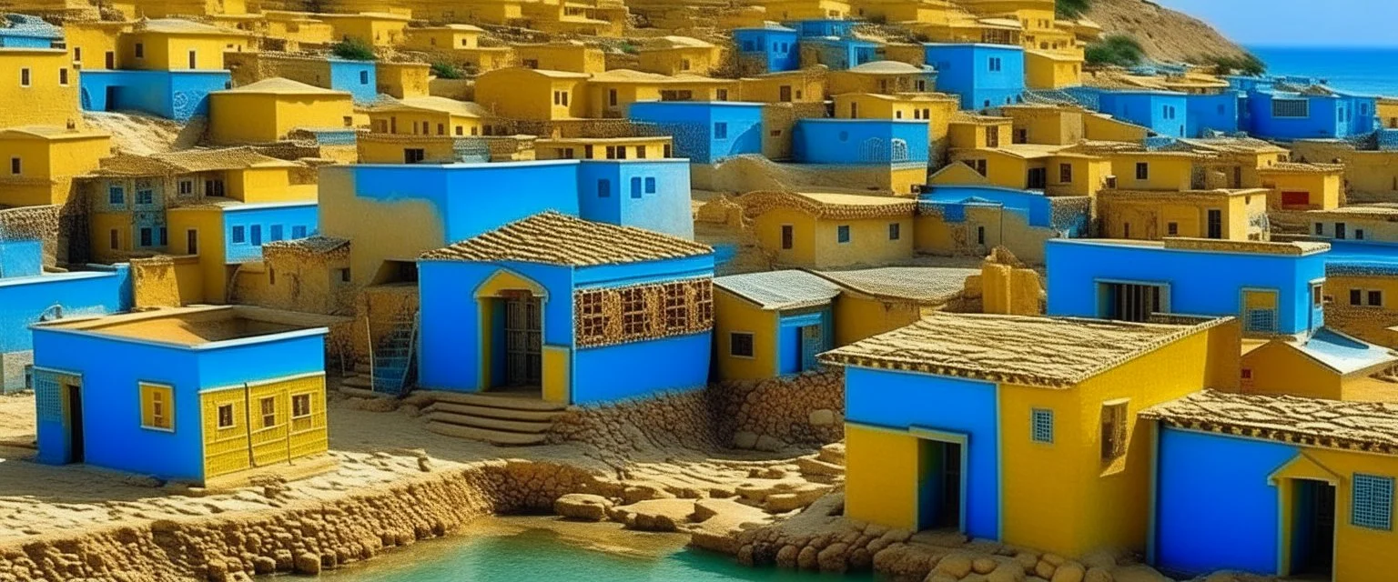 A blue village near a beach designed in ancient Egyptian hieroglyphics painted by Gustav Klimt