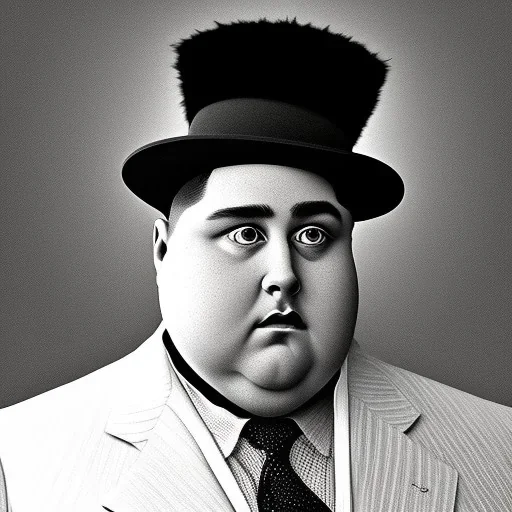 A 1930s Italian-American businessman in his 20s with a bowler hat and a tattered suit. He is obese and has a sad expression on his face. He is facing the screen.