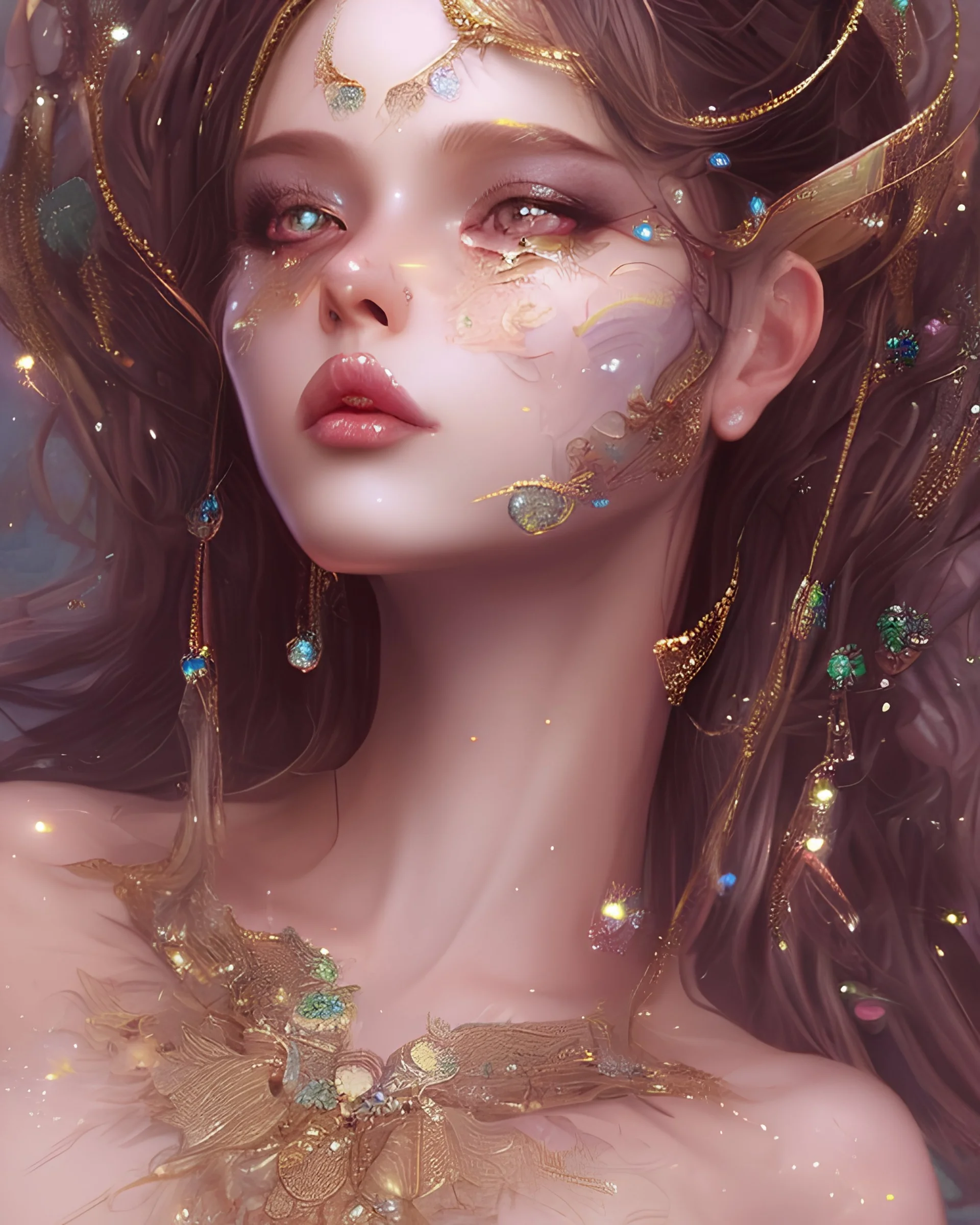 GORGEOUS WOMAN, BEAUTIFUL FACE, FINE EYES, GAUDY, CHARMING, BRILLANT, GLITTER SHIMMER SKIN, SCARS ON SKIN, DREAMY COSTUME, LONG HAIR, GLARE, FANTASY DIGITAL ART, FANTASY ART STYLE BY WLOP,