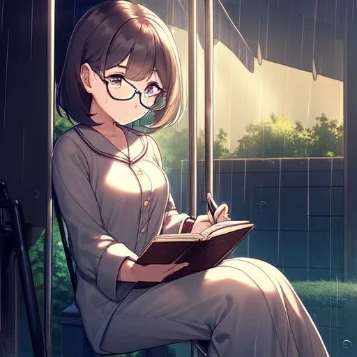 anime girl sitting on a porch swing of an old house, journaling, wearing pajamas, writing in a book, shes watching it rain, more detail on hands and her face,shes deep in her thoughts, wearing glasses, rain drops, she has a pencil in her hand and is writning in the book, she is looking down at what she is writing,zoom out