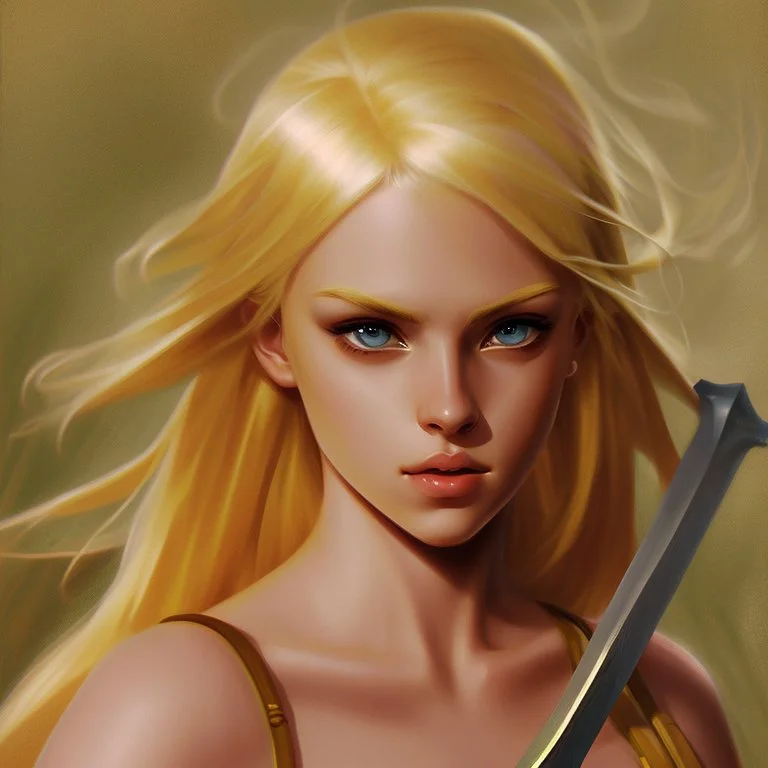 Portrait of beautiful blonde woman with a sword