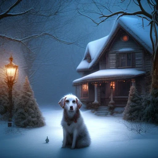 SAD,SCARED, LONELY DOG TIED UP IN FRONT OF HOUSE, winter, 8k resolution, high-quality, fine-detail, intricate, digital art, detailed matte, volumetric lighting, illustration, 3D octane render, brian froud, howard lyon, selina french,