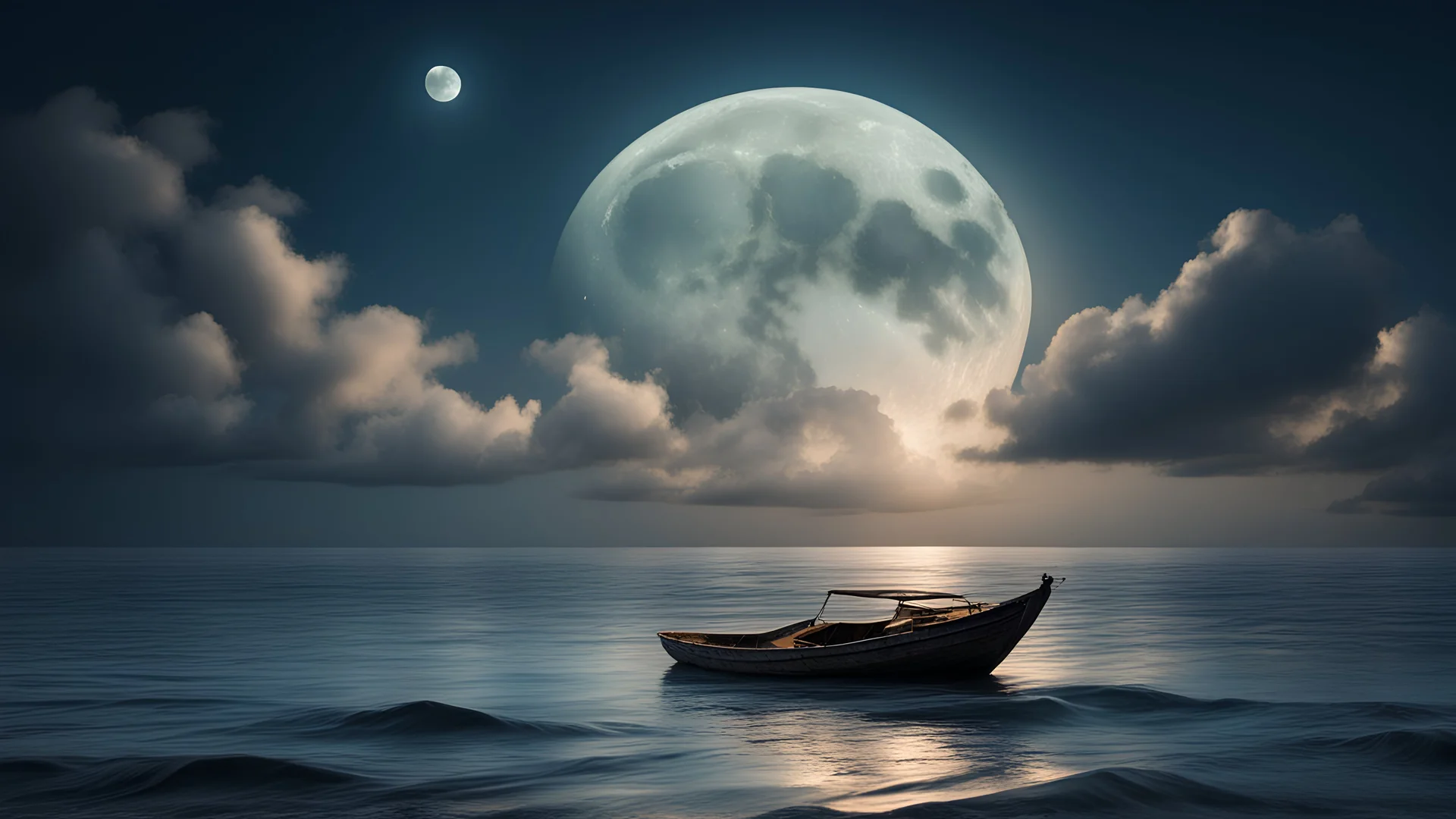 the beautiful sea and clouds. the boat,night, Full moon