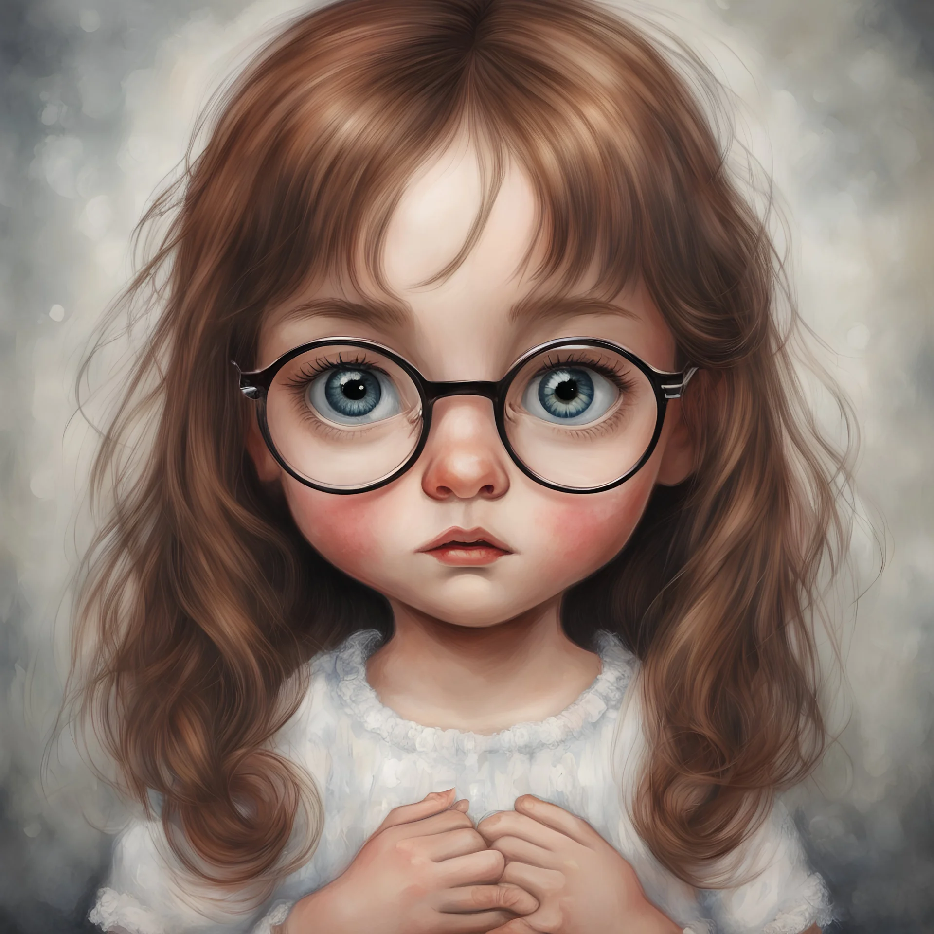 Little girl , in the style of Margaret Keane, long hair, ,very huge damp eyes, large glasses, close up, very long eyelashes, freckles, red nose