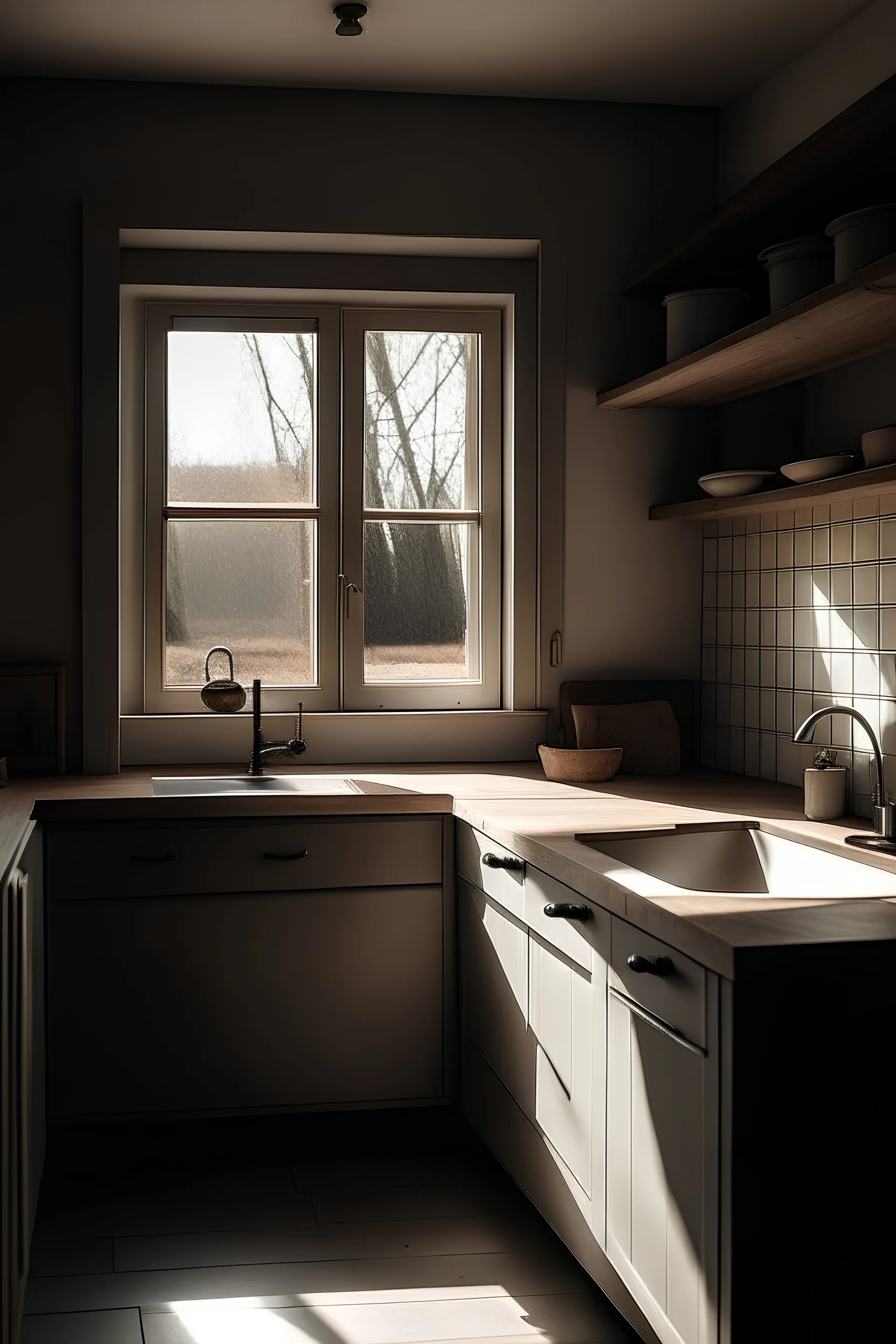 Magazine style photo, looking towards a sink under a window, photorealistic, realistic light, wide angle, kinkfolk photography, A+D architecture,a door on the left of the sink with a 25 cm distance from the kitchen,the kitchen is an L shaped starting from the right corner ,on the far right a fridge nest to it a stove,next the dishwasher then the sink,a smokey grey kitchen with modern touches,taupe walls,a taup ceeling with spot lights inside the celing with 90 cm distance,wooden parquete floor,