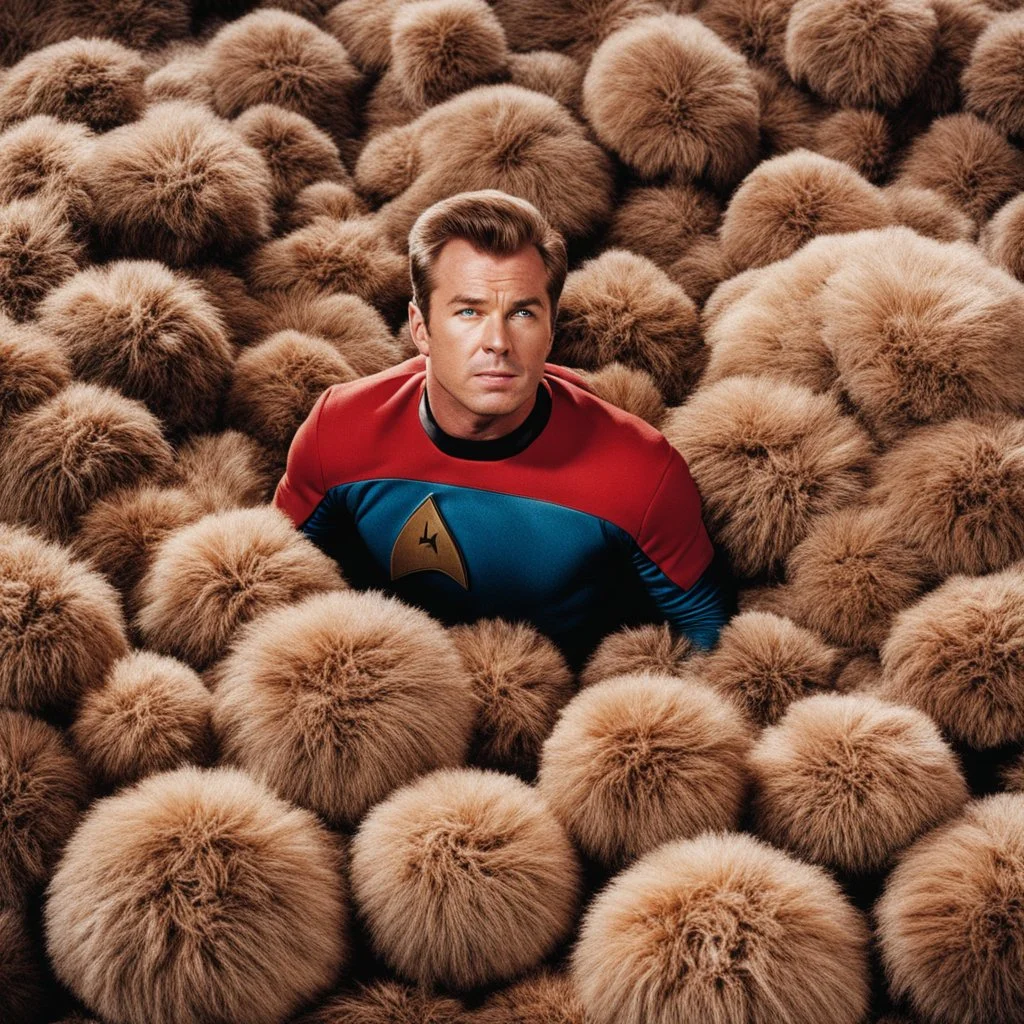 looking down from high above, James T Kirk, in star trek uniform, squeezing out of a big pile of tribbles