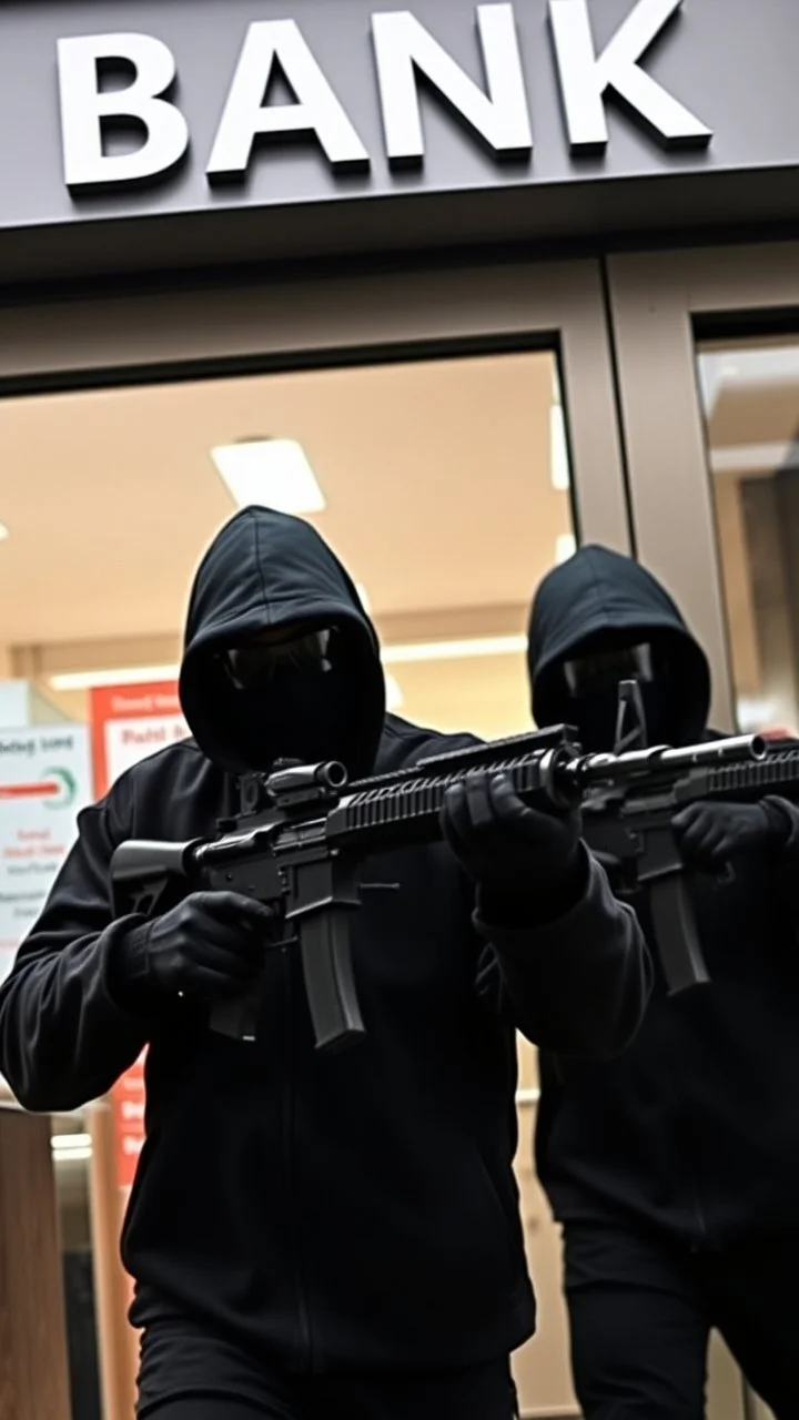 Bank robbery by hooded masked wearing sunglasses thieves carrying a machine guns