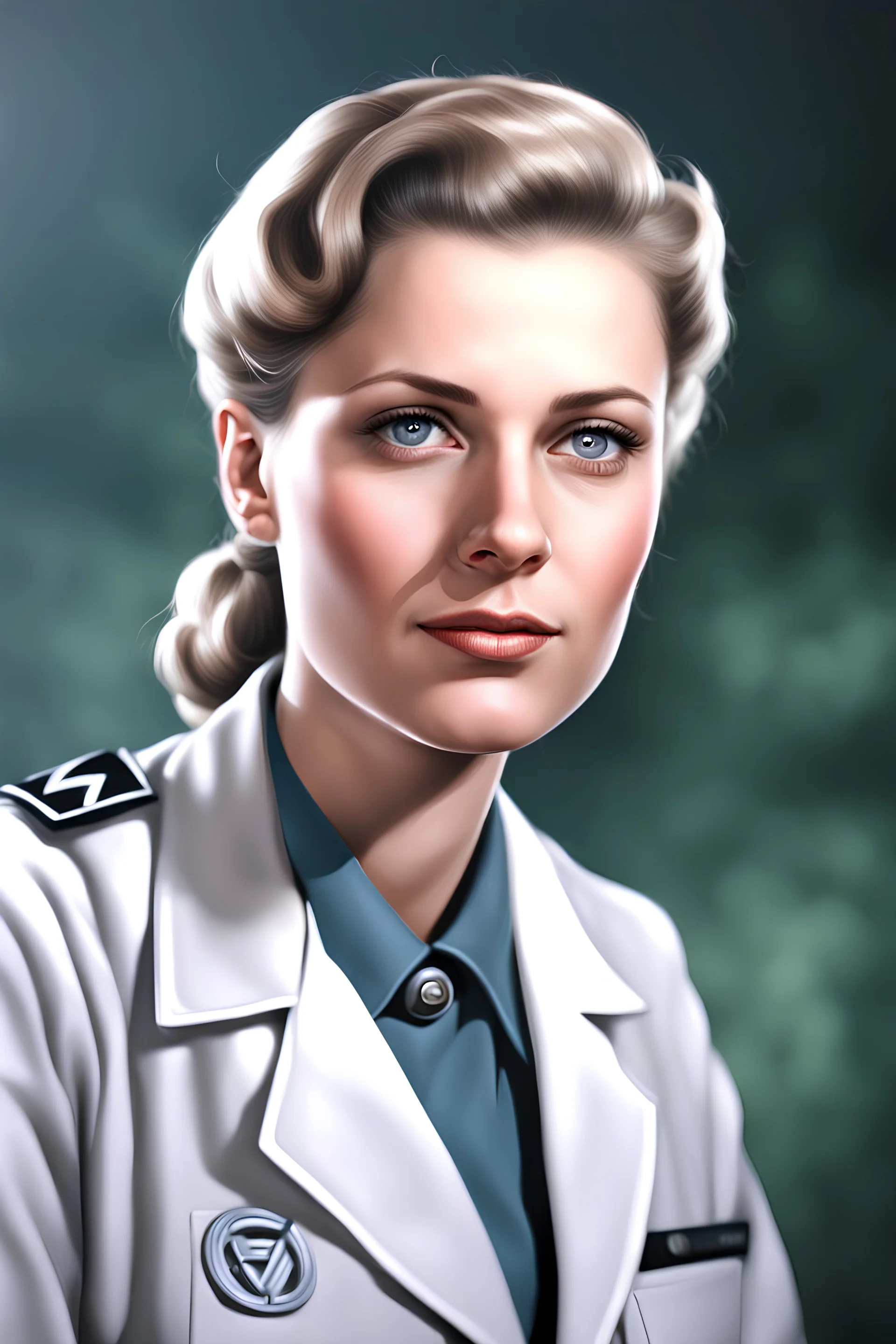 a photorealistic colour portrait of a beautiful female Nazi scientist specialized on biology