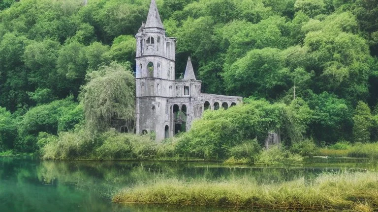 A ruined gothic stone building in a lake, balconies, verandas, arches, bridges, spires, stairs, trees, dense foliage, spanish moss, ivy, blue sky, white clouds