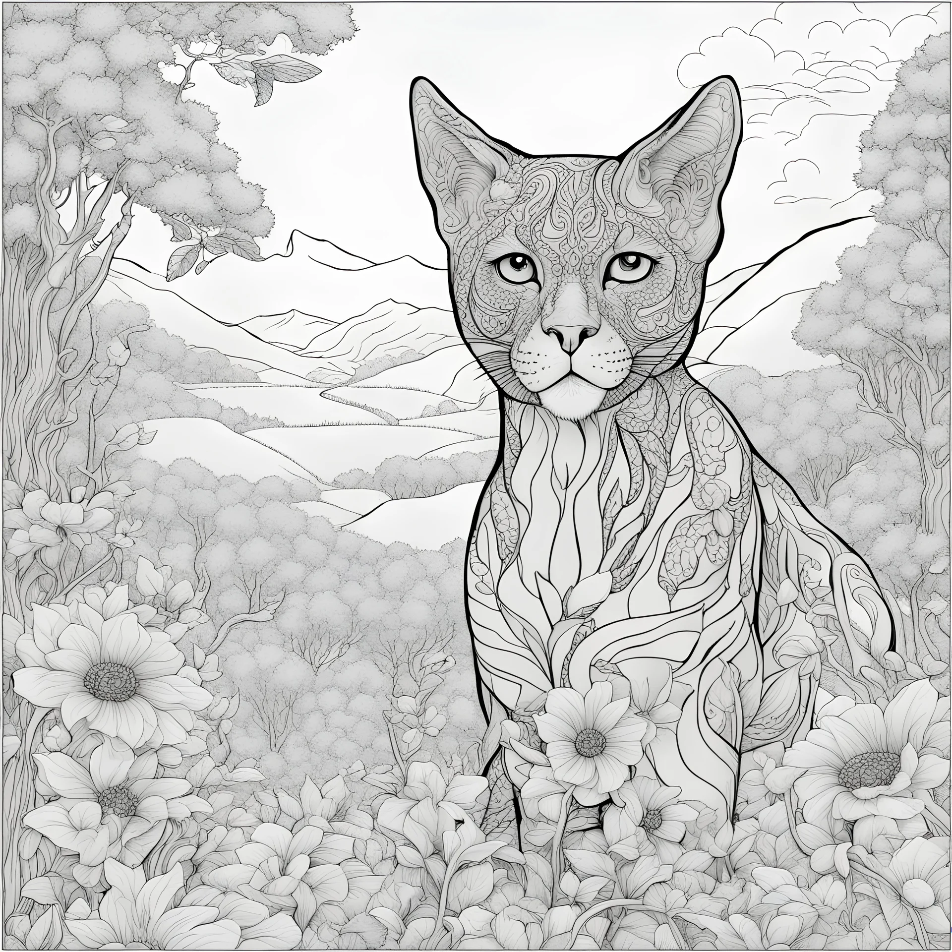 coloring page of nature,only black and white background, 32k, much details, dark outlines,vector --ar 2:3