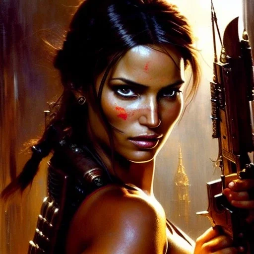 portrait beautiful face Lara Croft ,busty,ancient metal armor balanciaga fashion clothe painting by gaston bussiere, greg rutkowski, yoji shinkawa, yoshitaka amano, tsutomu nihei, donato giancola, tim hildebrandt, oil on canvas, cinematic composition, extreme detail,fit full head inside picture,16k