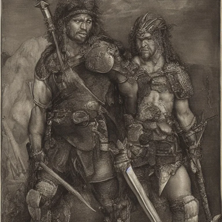 Portrait of a barbarian warrior with big axe in the style of Albrecht Dürer