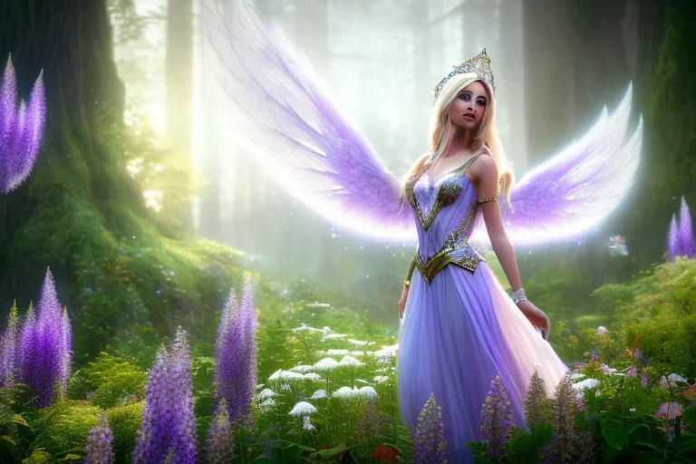 Fantasy cute elf with luminecent wings, smiling, make up, long blond platinum hair, blue eyes, crown, beautiful dress, wisteria flowers and mushrooms in background, HQ, high key lighting, volumetric light high details, unity engine