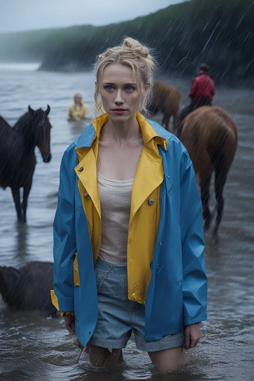 In the music video, a 23-year-old woman with blonde hair and bright blue eyes stands in the sea, se has a bun. dressed in a yellow fisherman's jacket. She holds an umbrella, but it offers no protection from the pouring rain. Around her, heavy horses are moving. The rain is pouring heavily. She is standing in the middle of the sea. You can see here completely. Horses only the girl and horses, i wanna see the horses dancing around her. She is wearing a fishers outfit. NOT SEXY!!