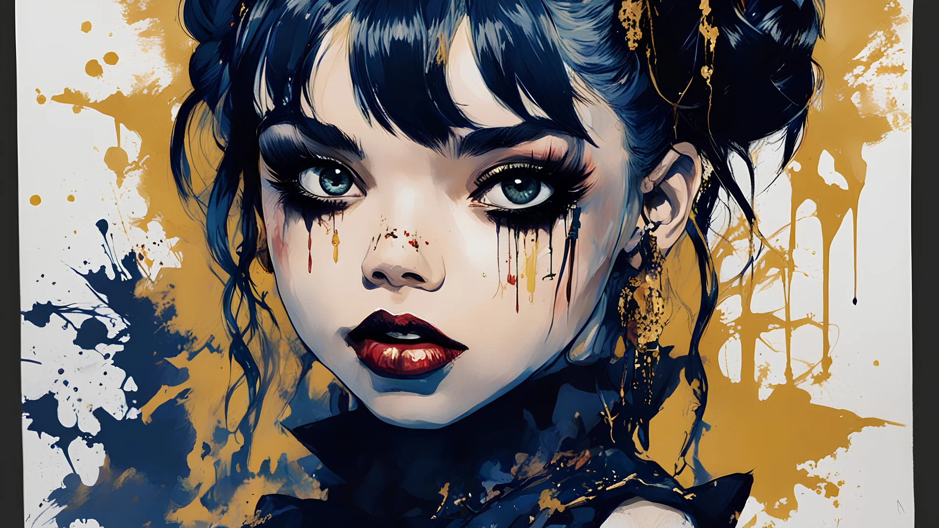 Poster in two gradually, a one side malevolent goth vampire girl face and other side the Singer Melanie Martinez face, painting by Yoji Shinkawa, darkblue and gold tones,