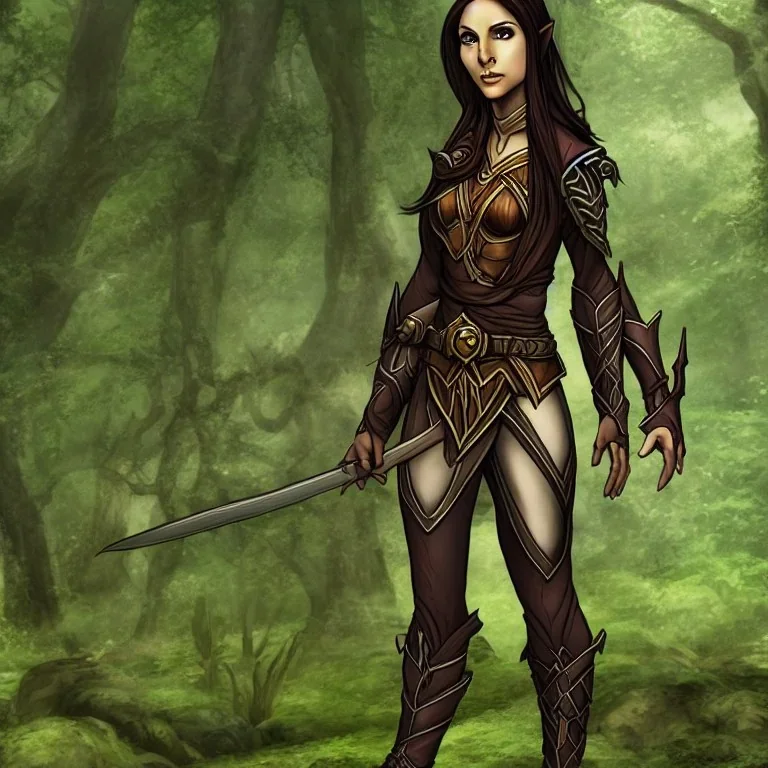 dungeons and dragons, female wood elf, druid, brown hair, brown eyes, full body, realistic face, short hair, large nose, closed mouth, leather armor, dark skin, one person