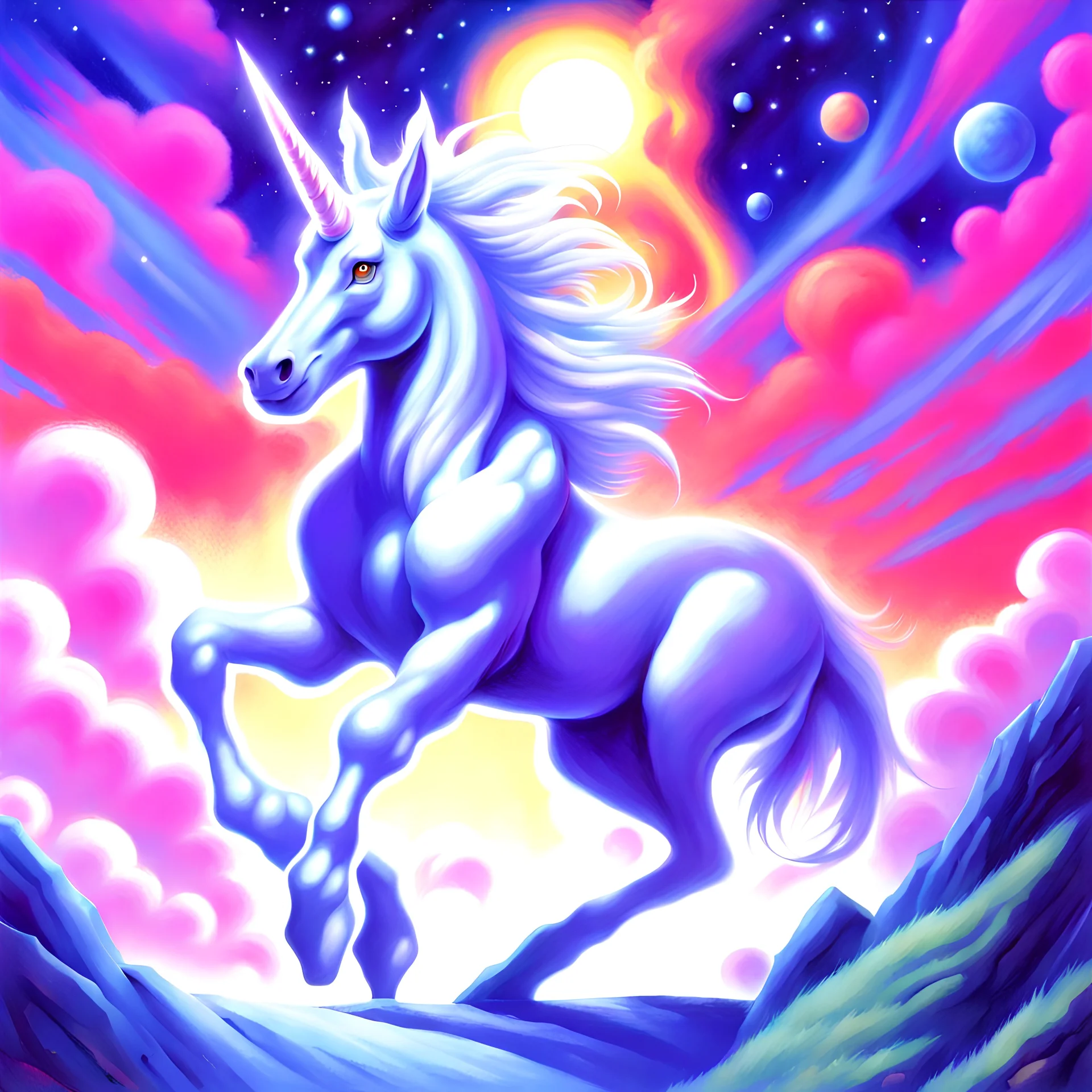 90's TCG art retro fantasy art of Space unicorn