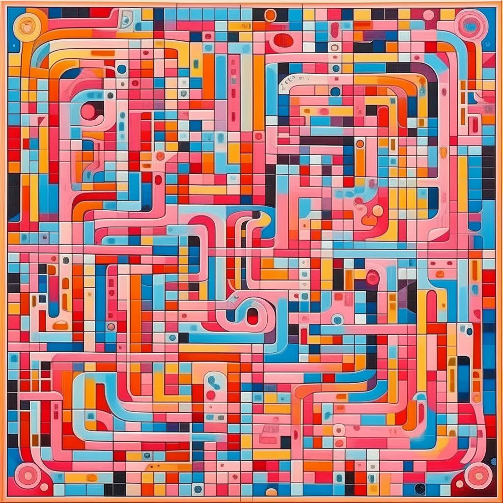 A light pink mystical maze filled with puzzles designed in ancient Greek mosaics painted by Wassily Kandinsky