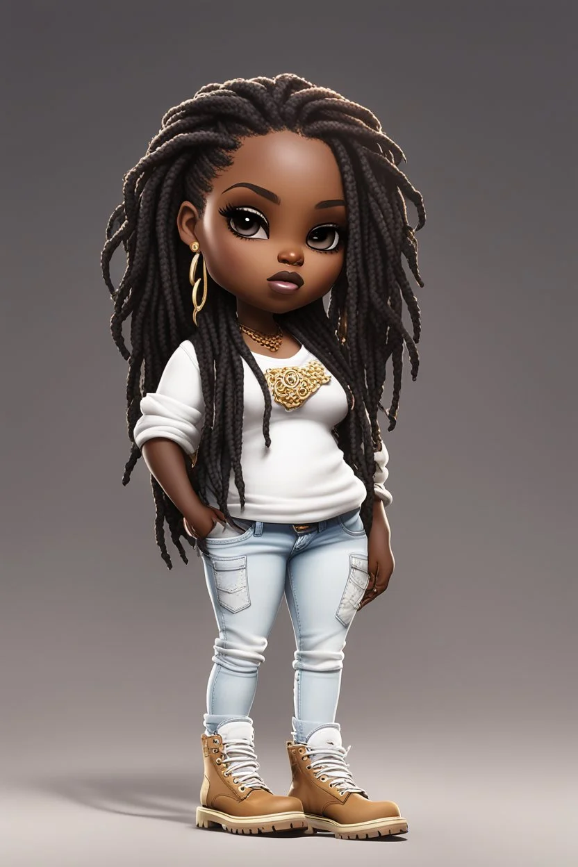 create a digital image of a plus size chibi dark skinned Black female wearing a white jean outfit with timberland boots. Prominent make up with brown eyes. Highly detailed dread locs 2k