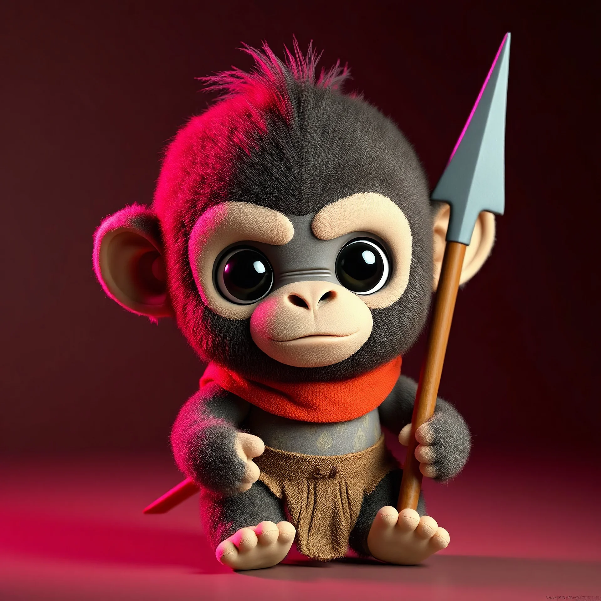 Cute nomber of chibi César com uma lança de arma é um personagem Planeta dos Macacos,plush toy, realistic texture, visible stitch line, soft smooth lighting, vibrant studio lighting, modular constructivism, physically based rendering, square image,