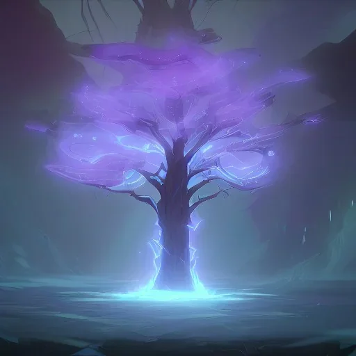 mystic tree full of skulls and surrounded by a magic aura and fog