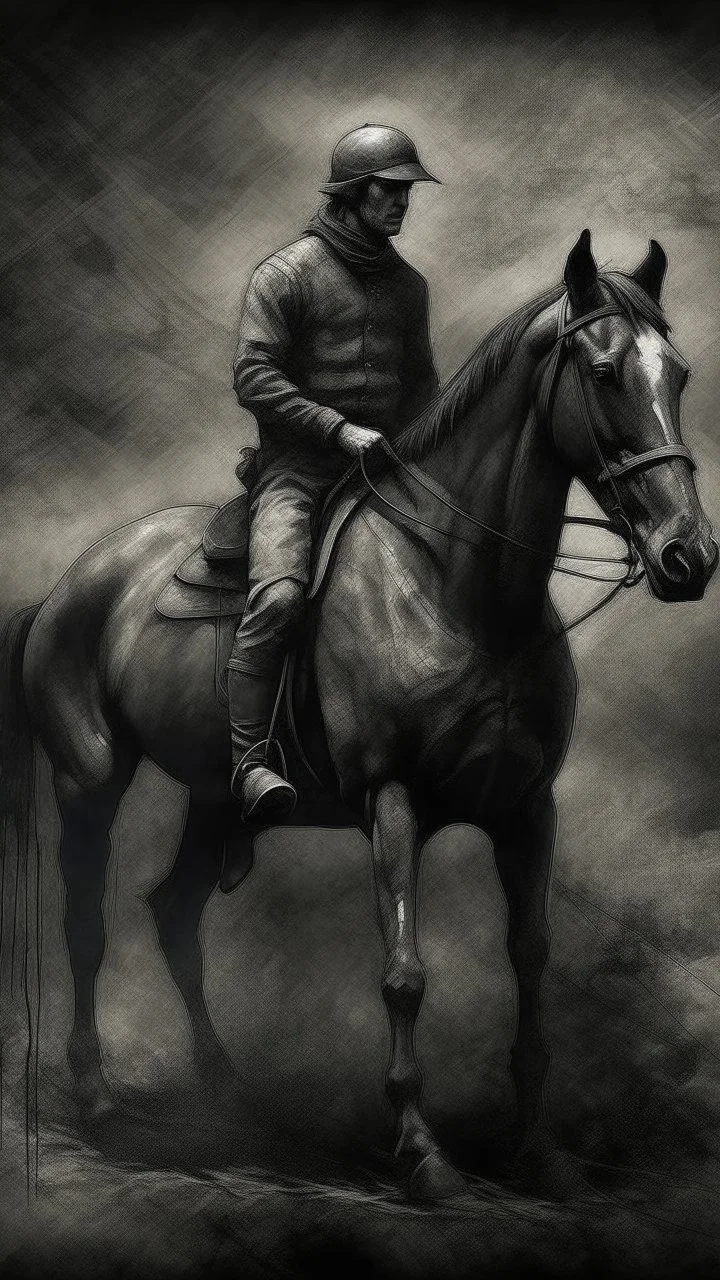 A man on horse in a Hyper Realistic Aerial Grungy Dark-Grey Brush strokes on a dark rustic background with charcoals