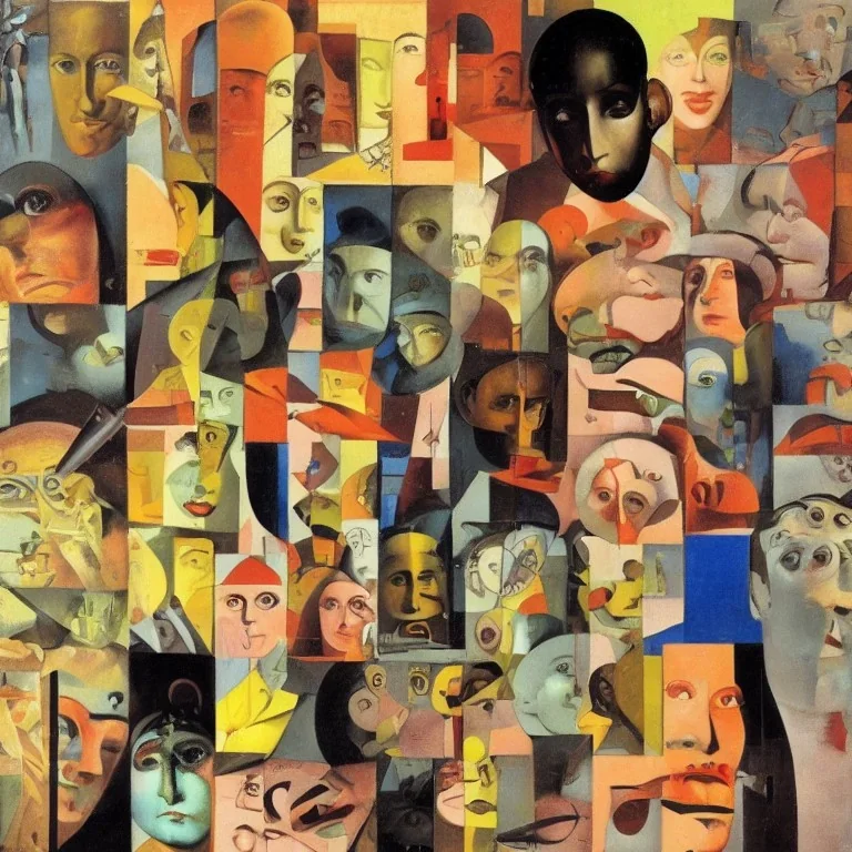 collage of imaginary characters, Dada, Surrealism, by artist “Raoul Hausmann", by artist "Francis Picabia," complementary colors, analogous colors, perspective, deep focus, centered, crisp, clear, high resolution"