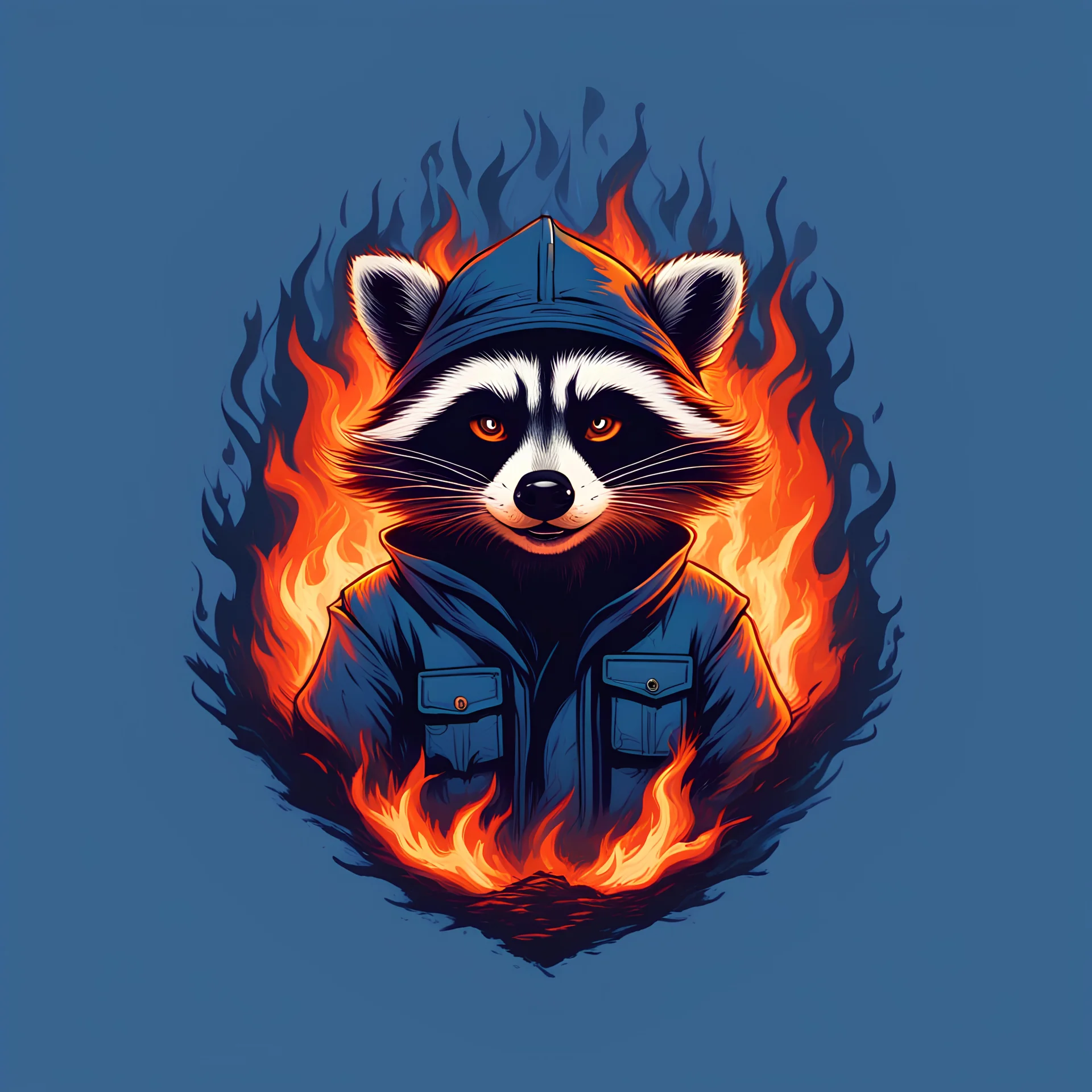 Evil, snide, Raccoon, burning in hell, in army, blue fire, most realistic, atmospheric, hesh, retro style, t-shirt design, detailed character, minimalist background, logotip