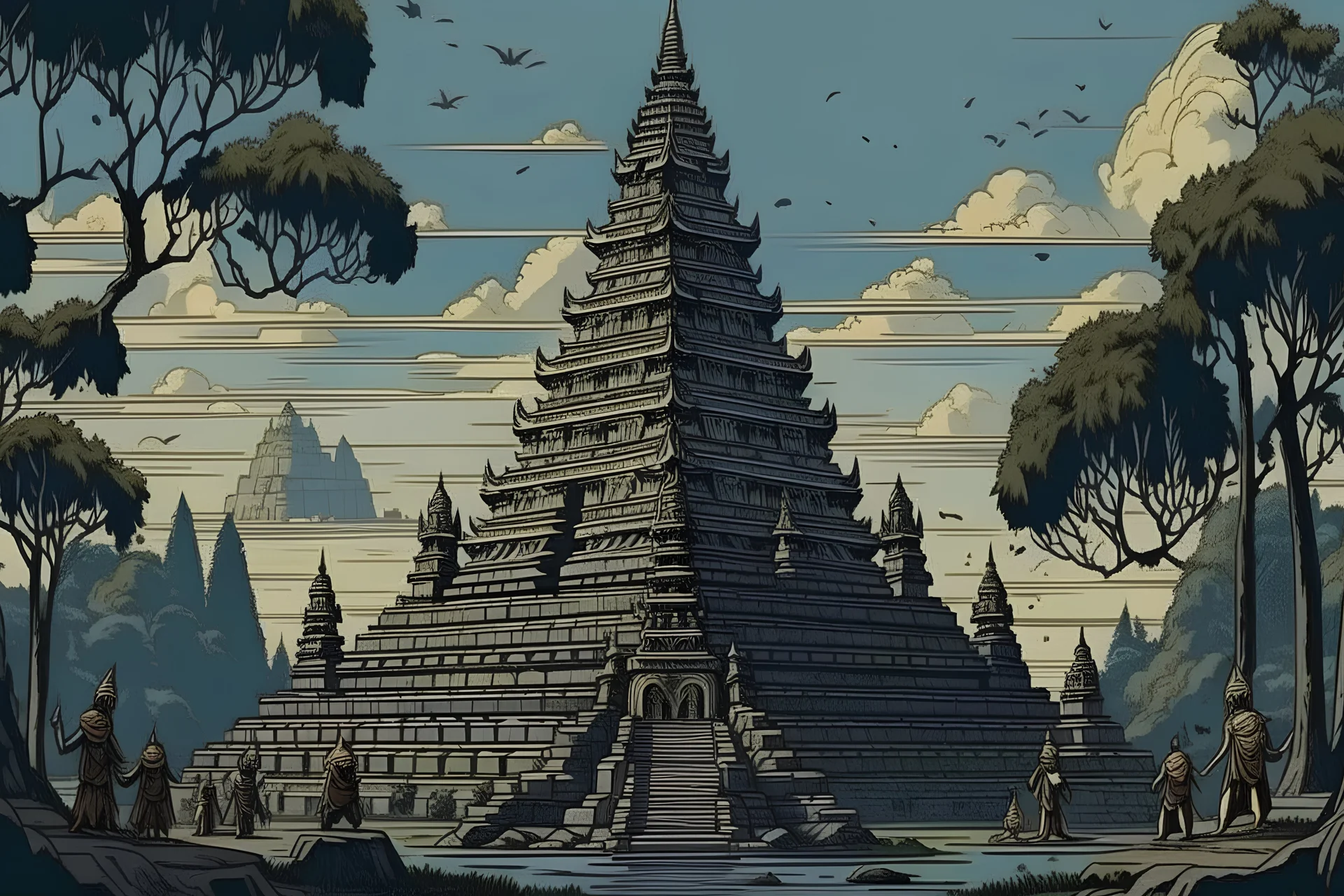 buatkan gambar ilustrasi kisah roro jonggrang dan candi prambanan