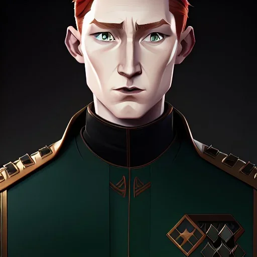 general hux 3/4 view, wearing a black First Order uniform, serious, imposing figure, thick eyebrows, digital art, wearing a black First Order uniform, green eyes, gray background, sepia filter, light coming from the side