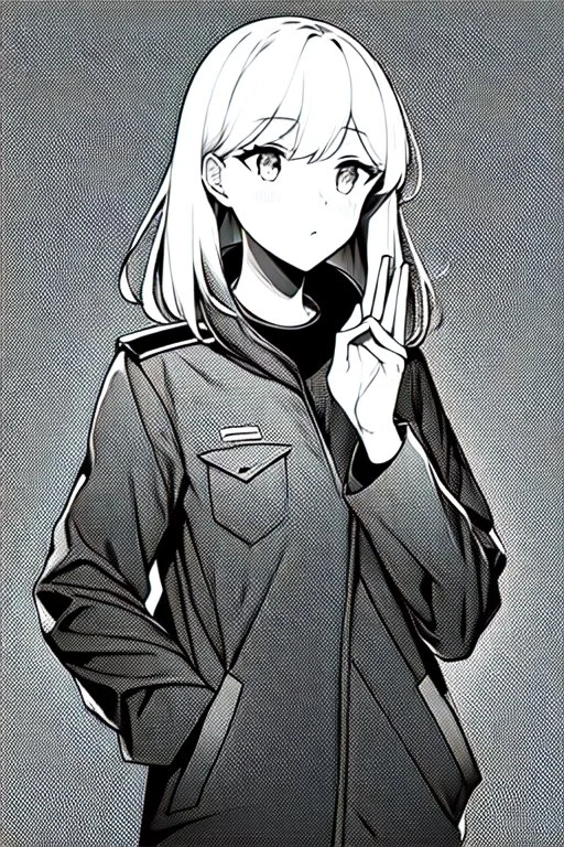 military girl puts her hand in her pocket to take something, greyscale