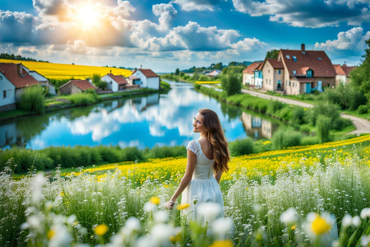 Young woman in flower field in country side ,river, houses,blue sky ,nice clouds,god rays