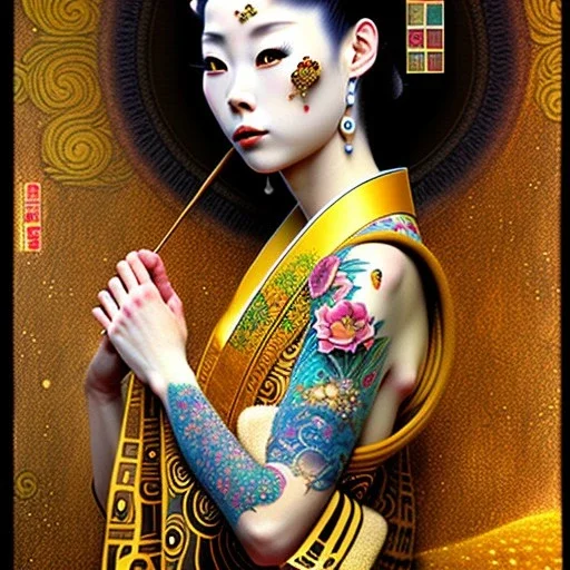 dibujo al oleo de cuerpo entero de una Geisha bella con tatuajes estilo Gustav Klimt