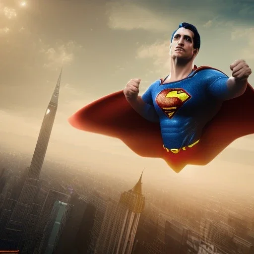 Superman flying, dramatic, cityscape background, dramatic lighting, volumetric lighting, hyperrealisme, 8k, high quality, photorealistic, lot of details