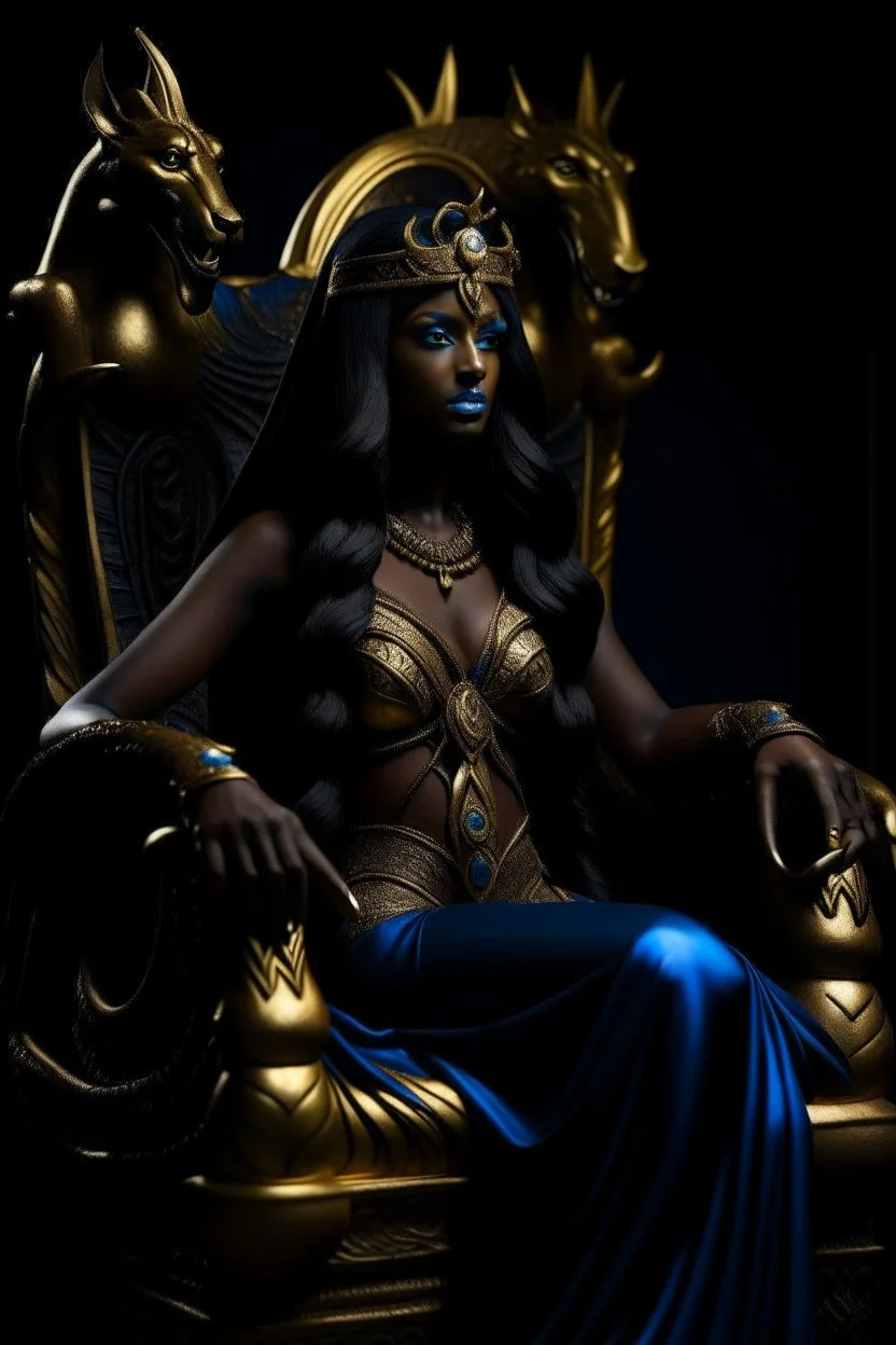 A dark-skinned Egyptian goddess with long black hair and piercing blue eyes, wearing a golden headdress and a sheer gown that reveals her curves. She is sitting on a throne made of obsidian, carved with the head of a snarling dragon