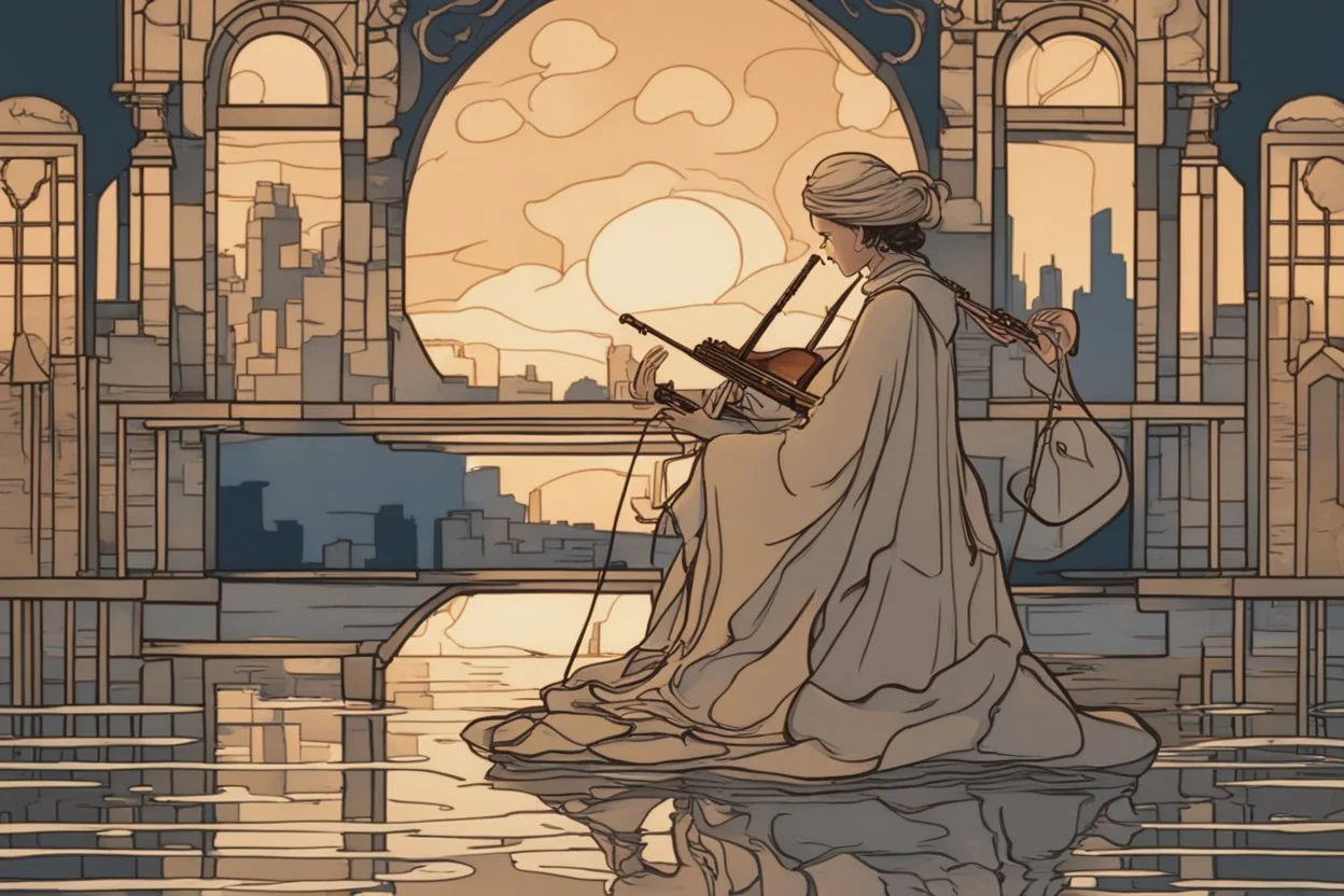 **A lone musician performing a serene melody on a floating city at dusk, art nouveau style --ar 16:9** - <@1191242266925338689> (relaxed)