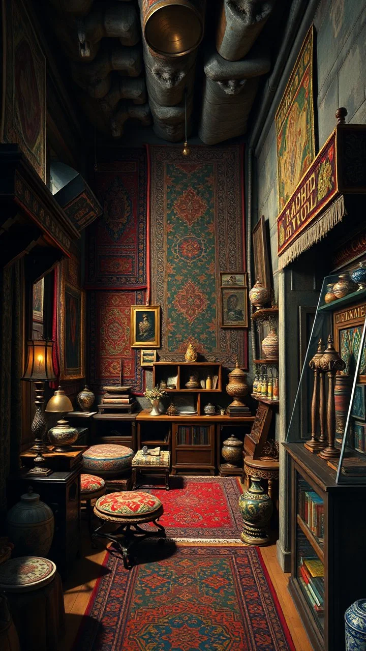 Bosch painting style nightmare , 3D , a gift store from the middle eastern decor and rugs on the wall in the background, high Quality picture , 8k