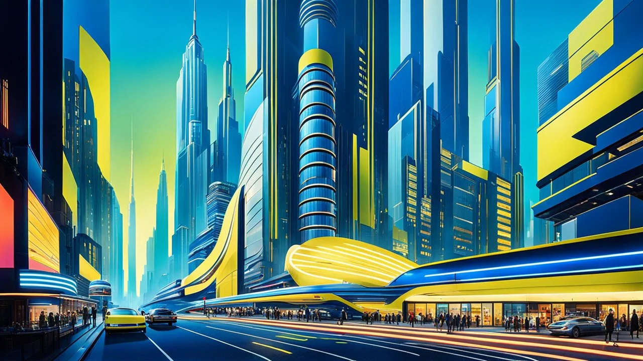 Retro futurism city filled with hustle and bustle, amidst the steel blue and metallic chartreuse colors, a gravity-defying loop kick occurring, scenery in a deconstruct:23 style with its architecture displaying complex structures, urban chaos, fast-paced action, futuristic technology, swinging robotic arms, LED screens cascading down walls, art deco revival, colorful neon signs, hyper-speed underground metros, pedestrians in avant-garde clothing, painted in an array of metallic chartreuse and st