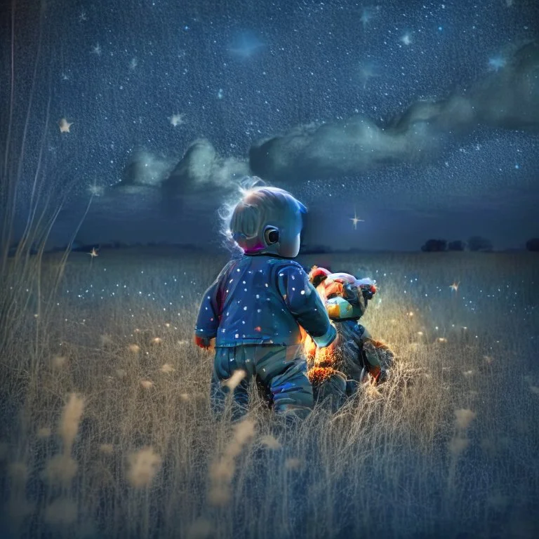 toddler with teddy bear seen on the back in a field at night with lots of stars, looking at an apparition in the sky