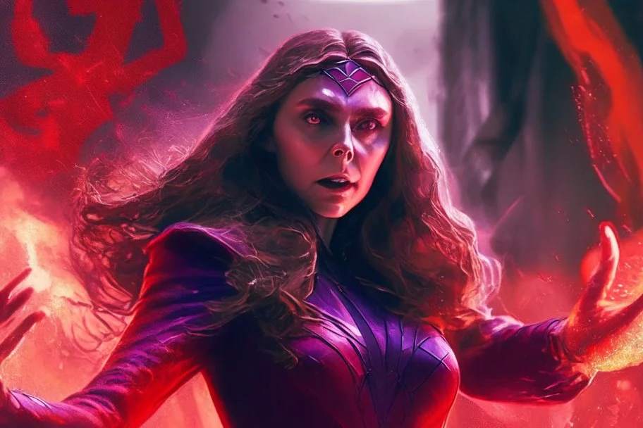 Feiticeira escarlate, wanda Marvel, elizabeth olsen, 4k render, vilã, manipulando magia, raiva, corpo inteiro, olhos marcantes, mãos atirando magia do caos vermelha, cidade de destruição, cores frias, cinematográfico, dramático