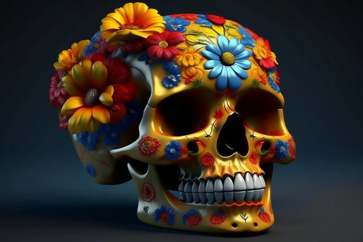 make 3d render realistic Mexican skull of vivid colors with flowers
